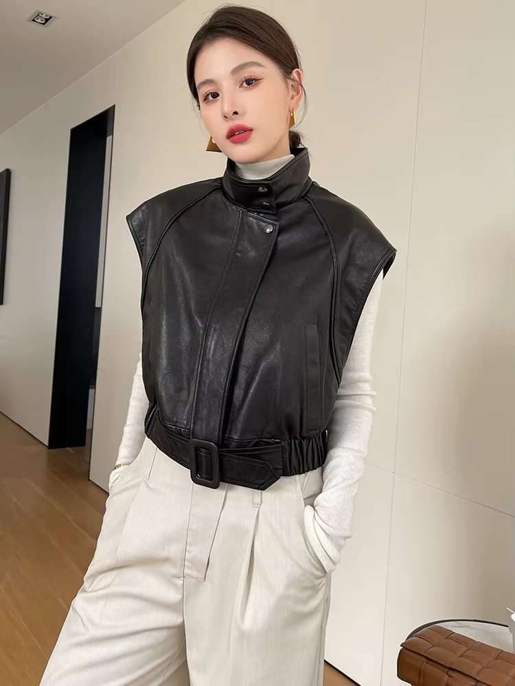 Vestes gilet sans manches en cuir véritable pour femmes, nouveau manteau haut de gamme décontracté S