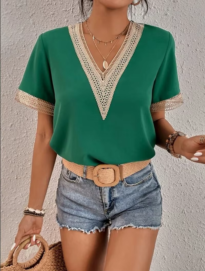 Chemisier élégant mode manches courtes hauts 2024 été col en v matelassé femme dentelle chemise banl