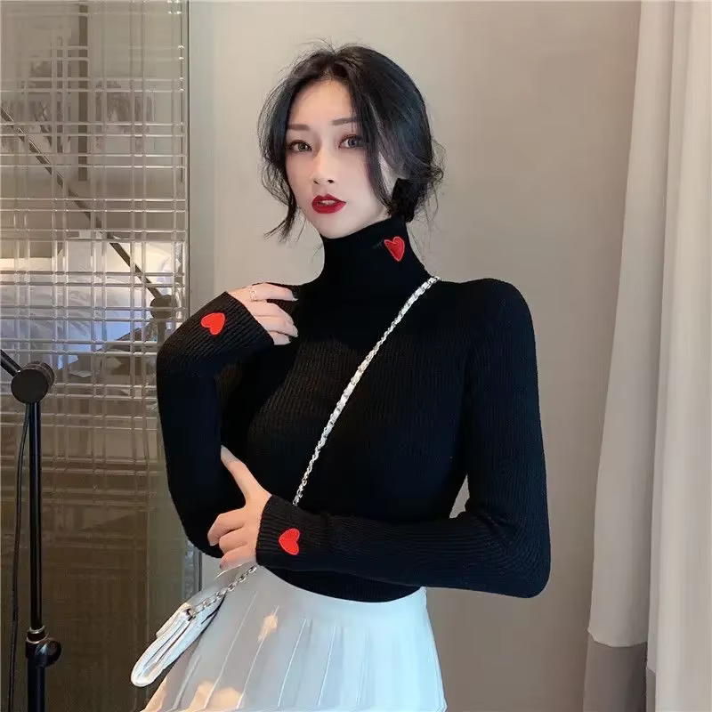Pull en tricot à col roulé pour femme, noir, brodé, coupe cintrée, offres esthétiques, Harajuku, ten