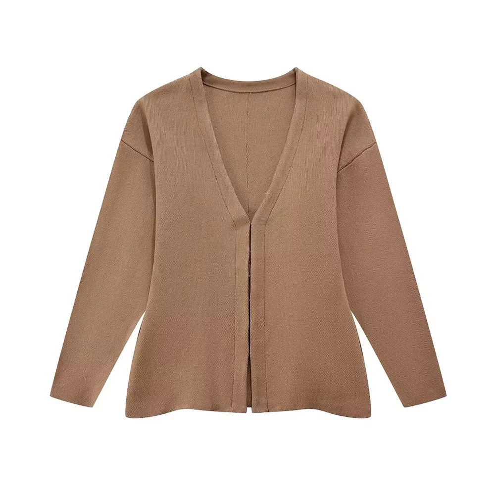 Pull Cardigan en tricot ajusté à crochet sur le devant pour femmes, col en V, manches longues, ourle