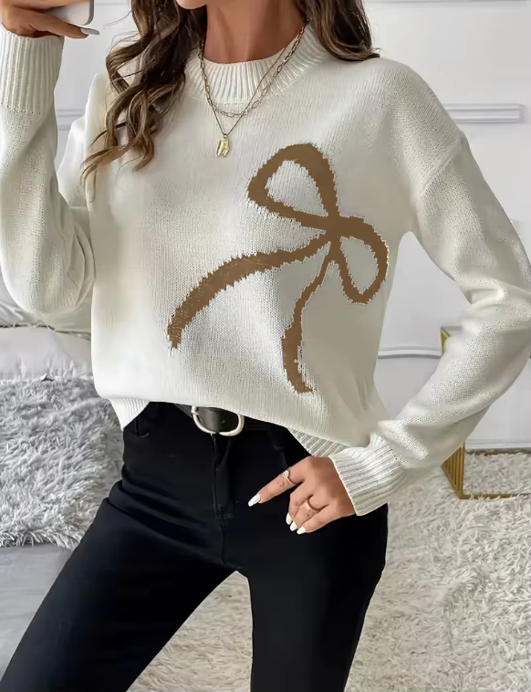 Pull en maille élégant et décontracté avec nœud papillon tendance pour femme – Haut chaud à manches