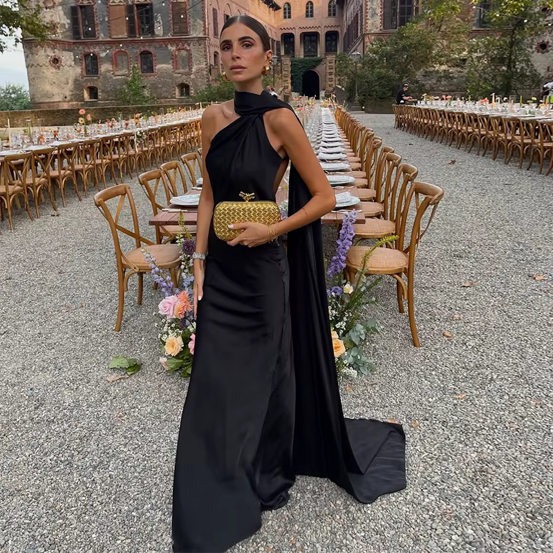 Ruban col suspendu longues robes femmes imprimé sans manches dos nu mince taille haute licou Robe de