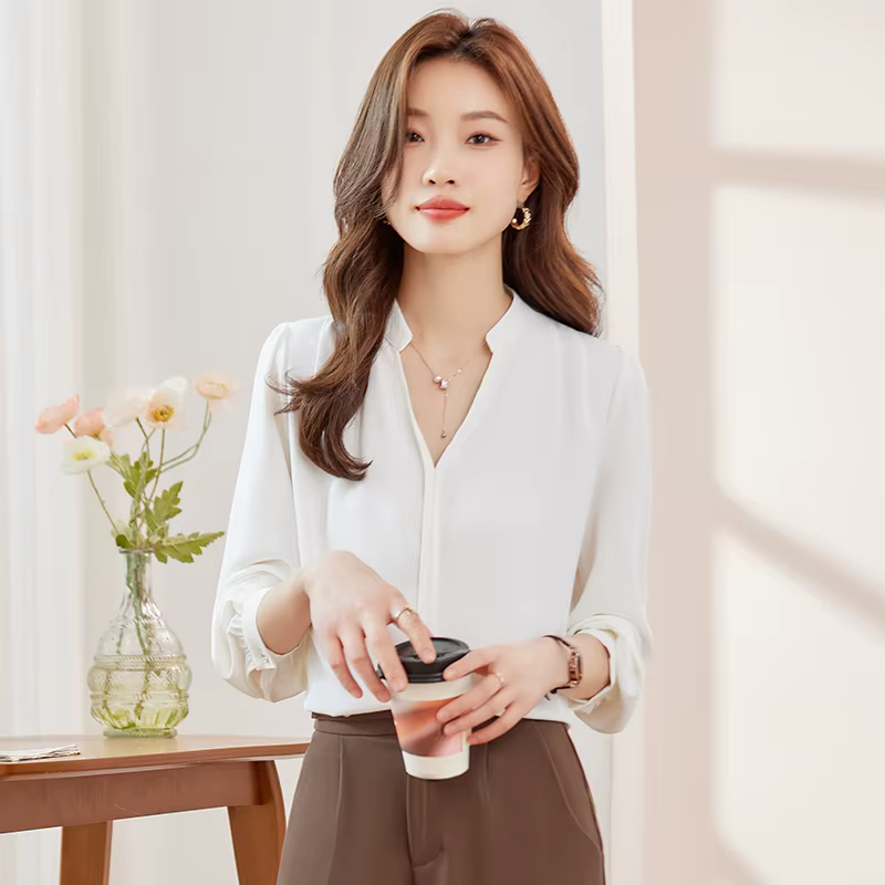 NAVIU-Chemisier Bleu Marine pour Femme, Col en V, Haut de Gamme, Professionnel, Formel, Bureau, Trav