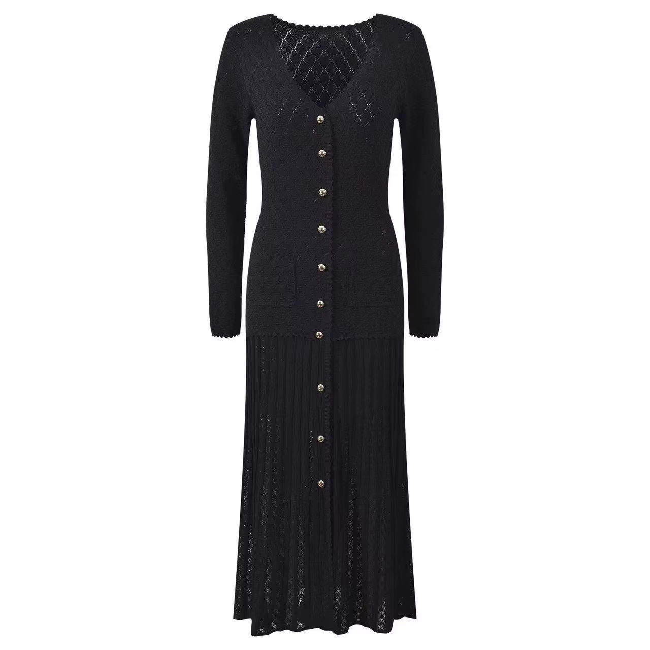 Robe élégante en tricot à col en V ajouré pour femme, couleur unie, haute couture, automne-hiver, no