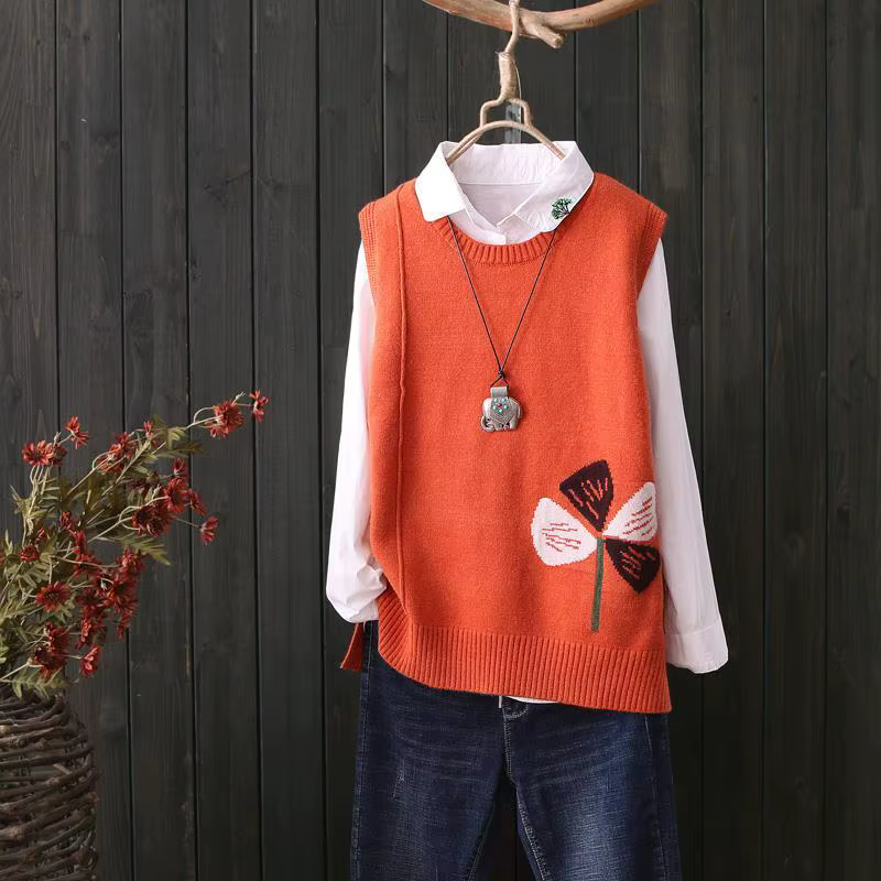 Pull en tricot à col rond pour femmes, gilets en fibre vintage, vêtements décontractés, vestes d'aut