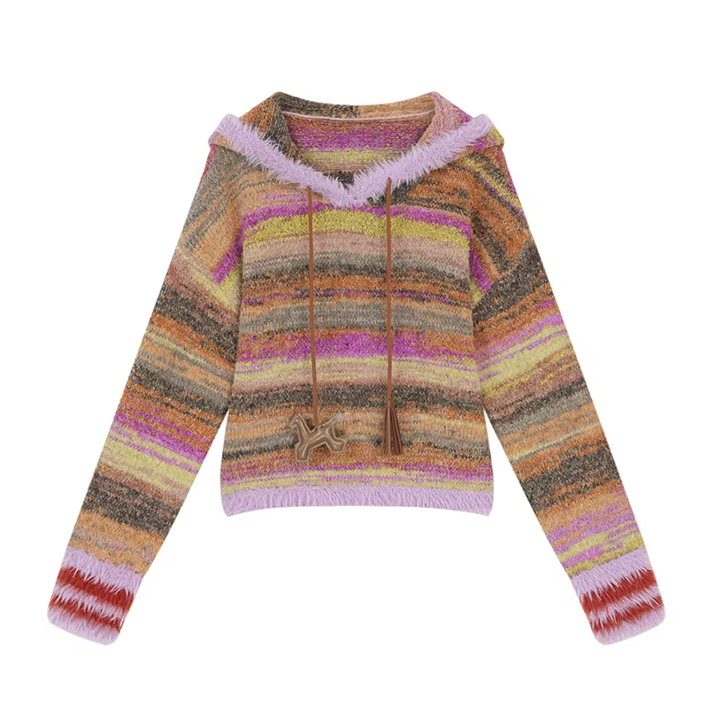 ELFSACK femmes pull à capuche pull 2026 automne hiver arc-en-ciel Ombre fausse fourrure ourlet poney