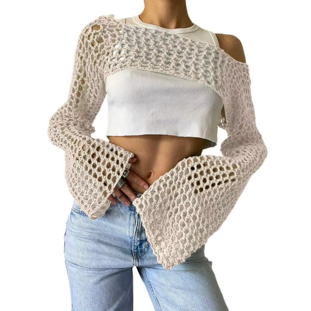 Y2K manches haussement d'épaules pull fibres acryliques douces femmes Crochet haut court à manches l