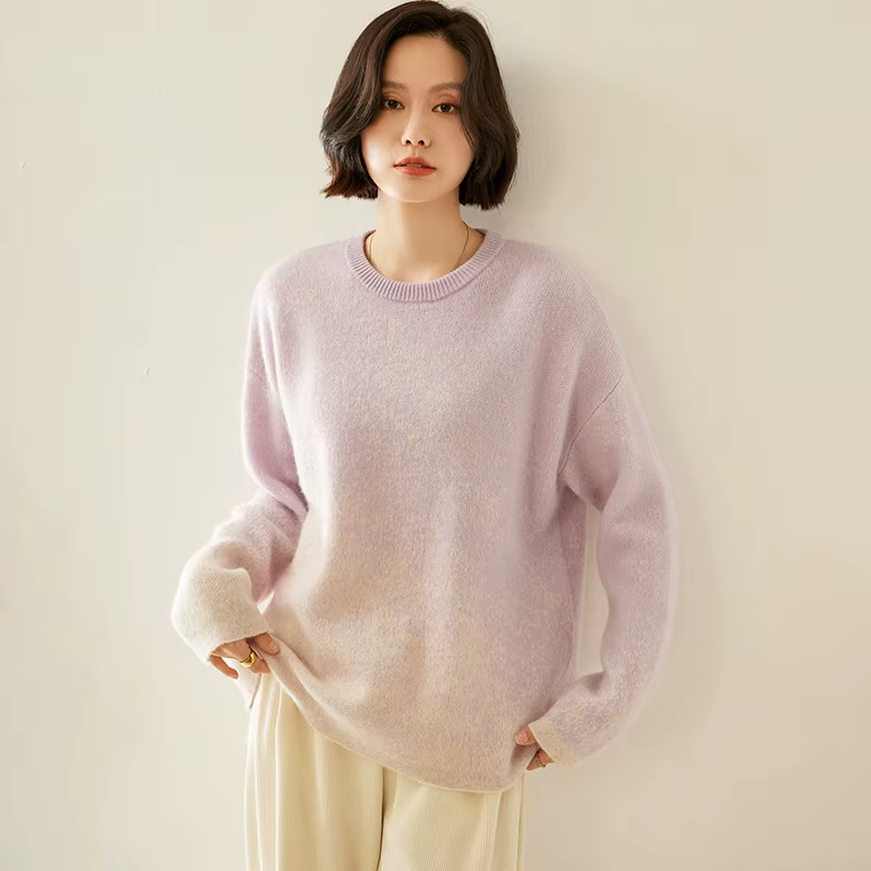 Pull en cachemire pur dégradé d'étoiles, col rond, laine bleue Klein, bas tricoté, petit haut, nouve