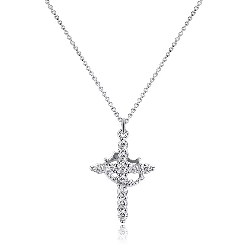 Collier avec pendentif couronne et croix rotative pour femmes, strass brillants, ras du cou en acier