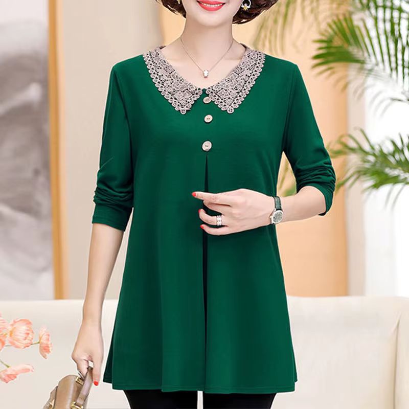 T-shirt manches longues col rond femme, pullover en dentelle épissée, couleur unie, mode printemps-a