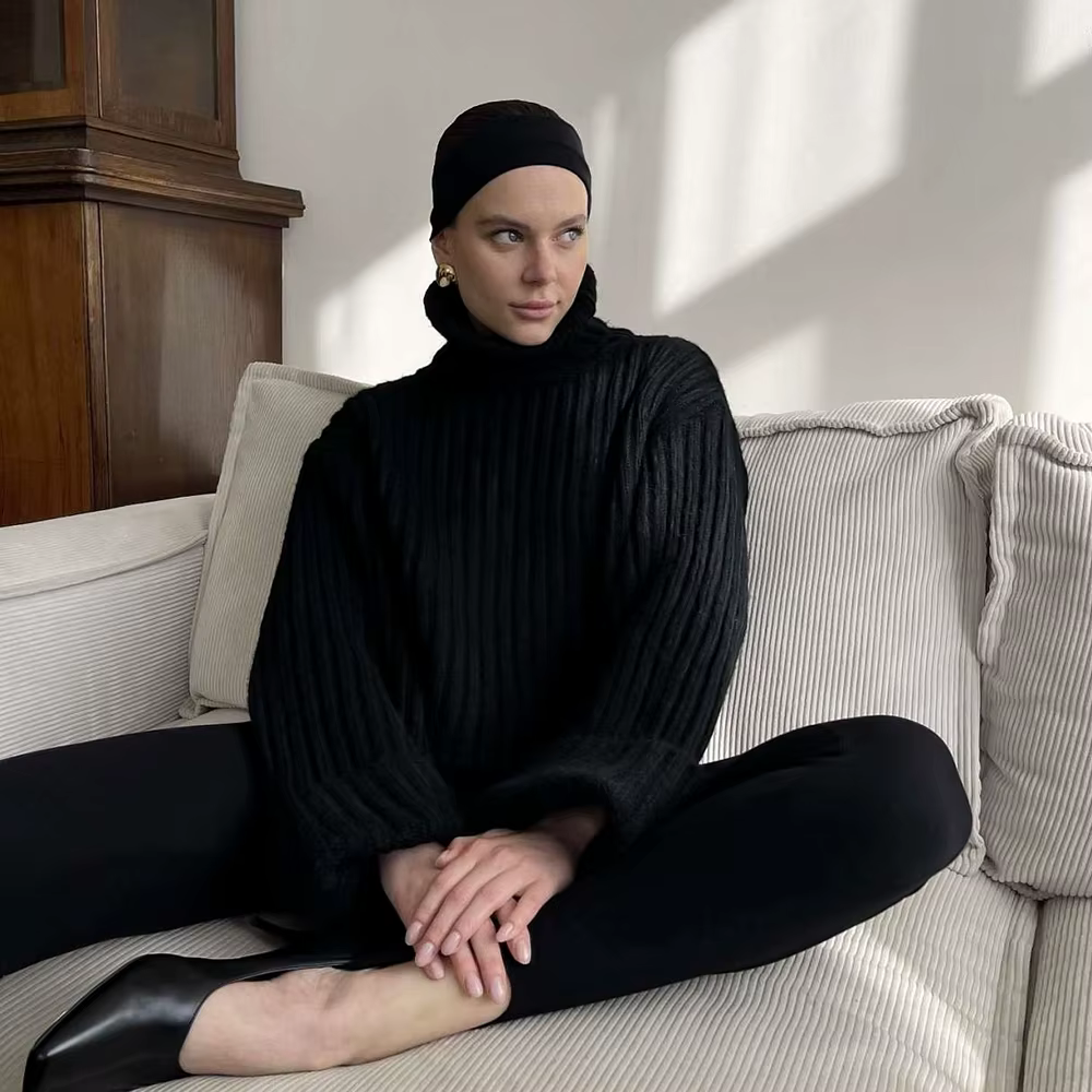 Pull-over décontracté ample et superposé pour femme, col montant, style minimaliste européen et amér