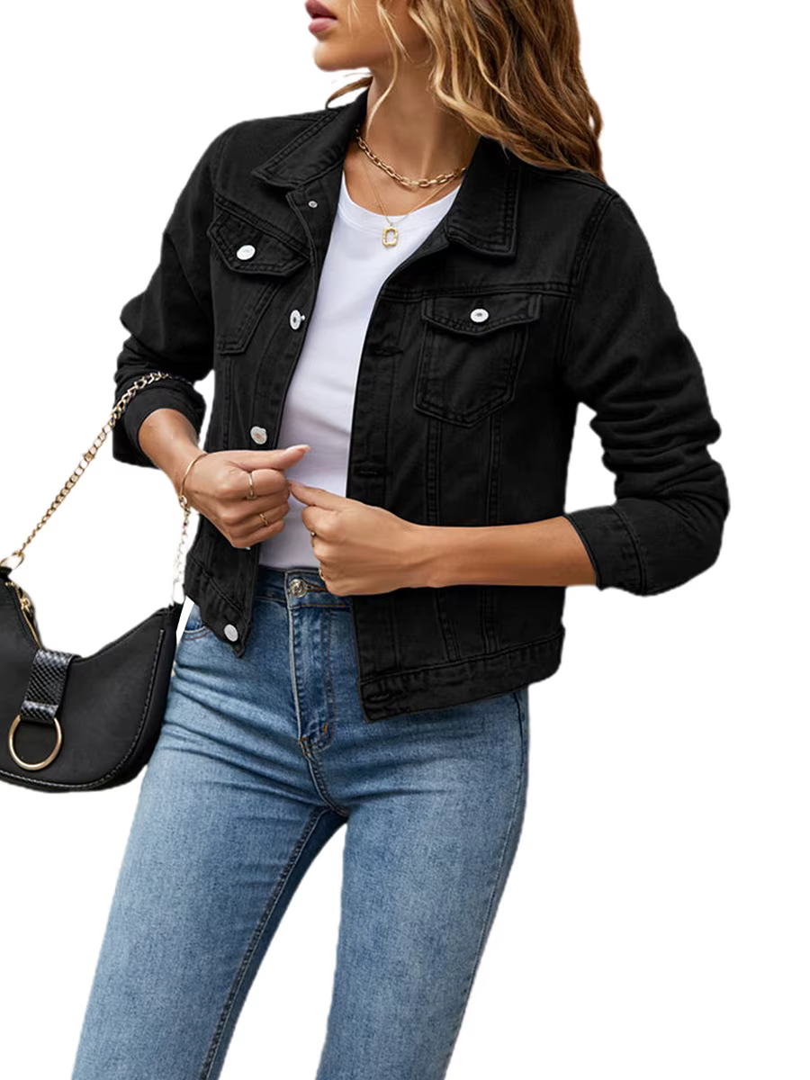 Veste en jean boutonnée à manches longues pour femme avec poche poitrine, couleur unie, noir, bleu, 