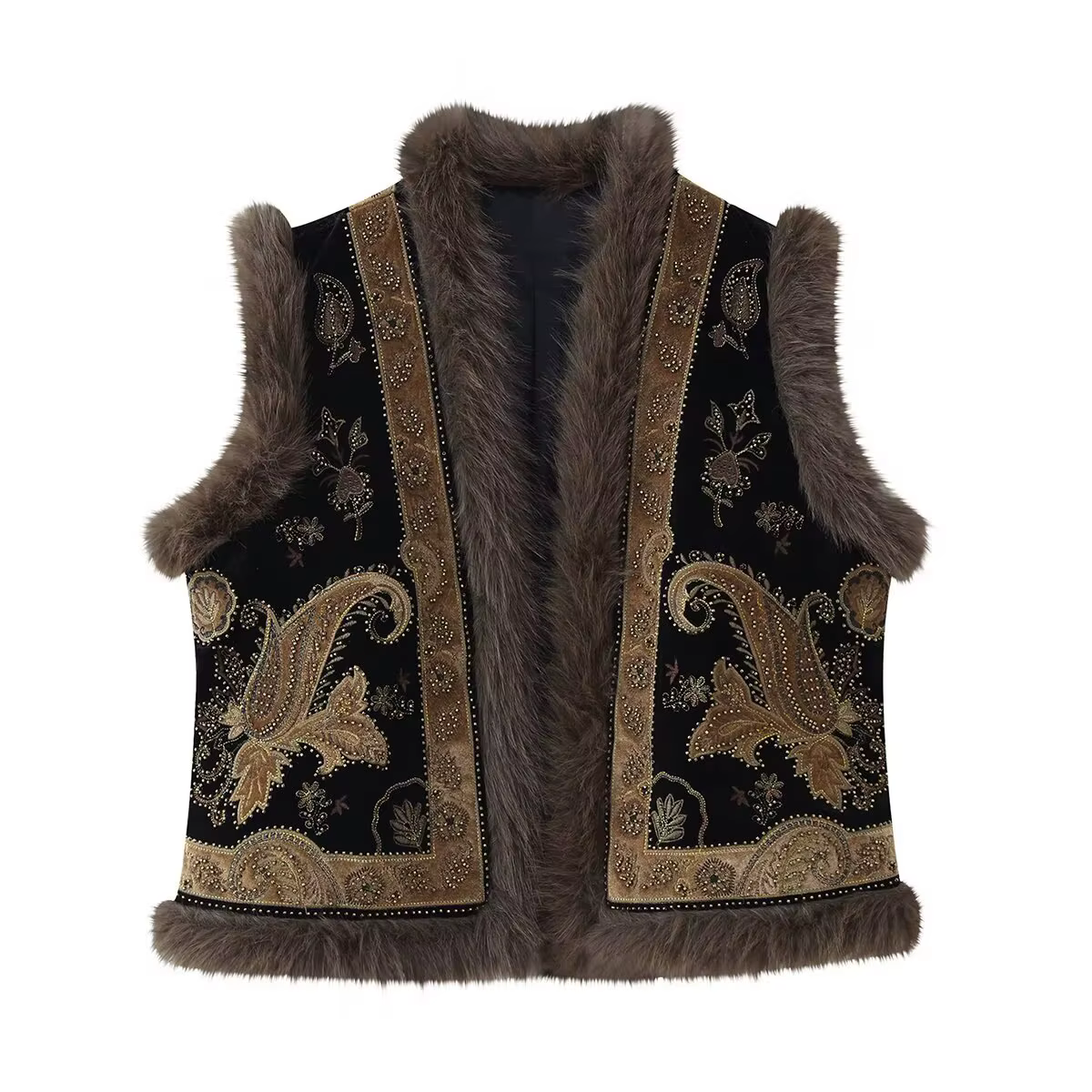 HH Fashion Gilet Chaud Sans Manches Rétro Style Urbain pour Femme, Brodé de Perles, Décontracté, Amp