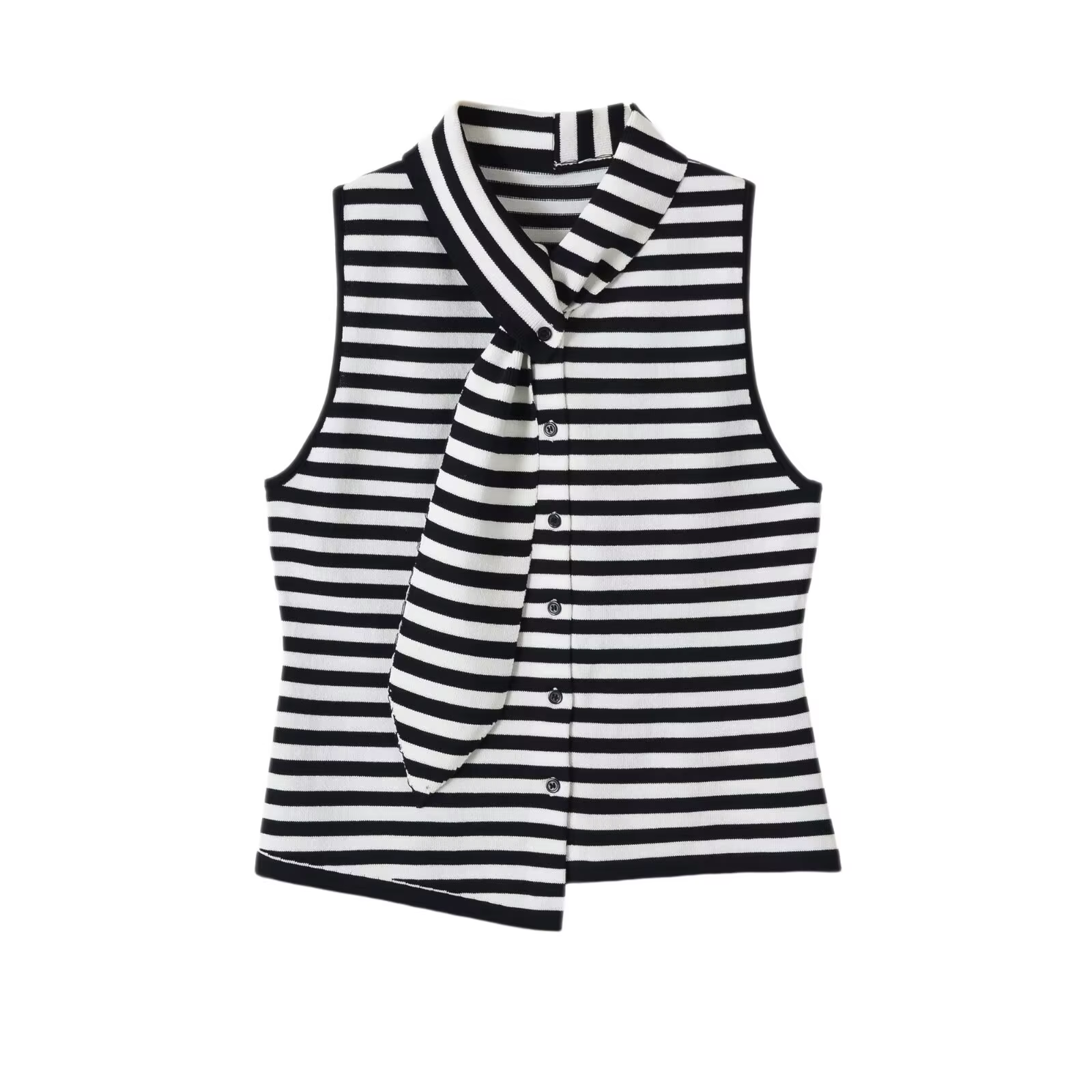 DUOPERI Gilet en tricot rayé noir et blanc pour femme, col noué, sans manches, chic, décontracté, te