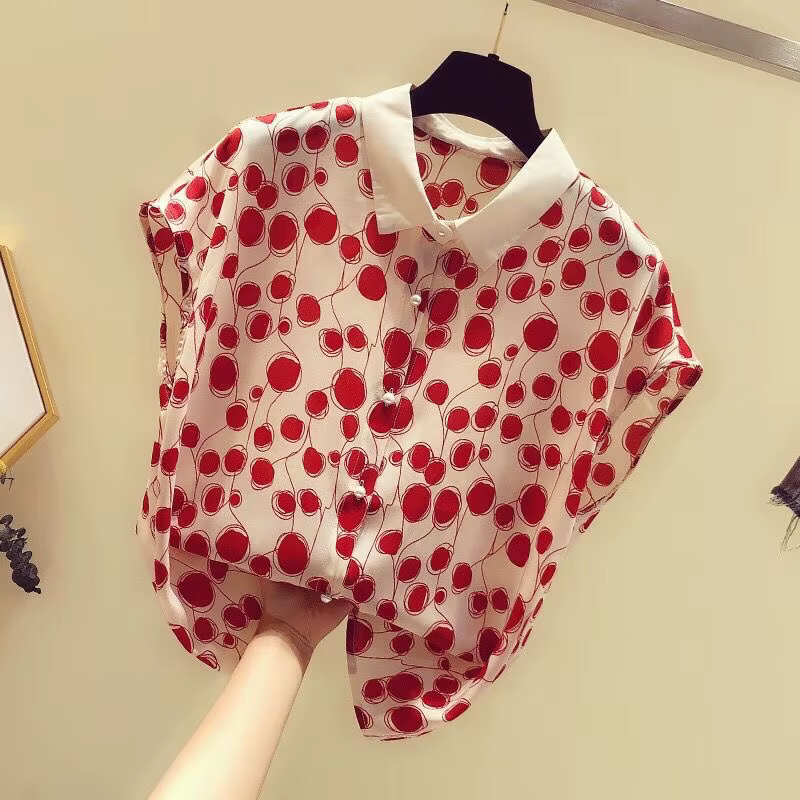 Femme été Style Blouses hauts dame décontracté manches courtes chauve-souris col claudine à pois imp