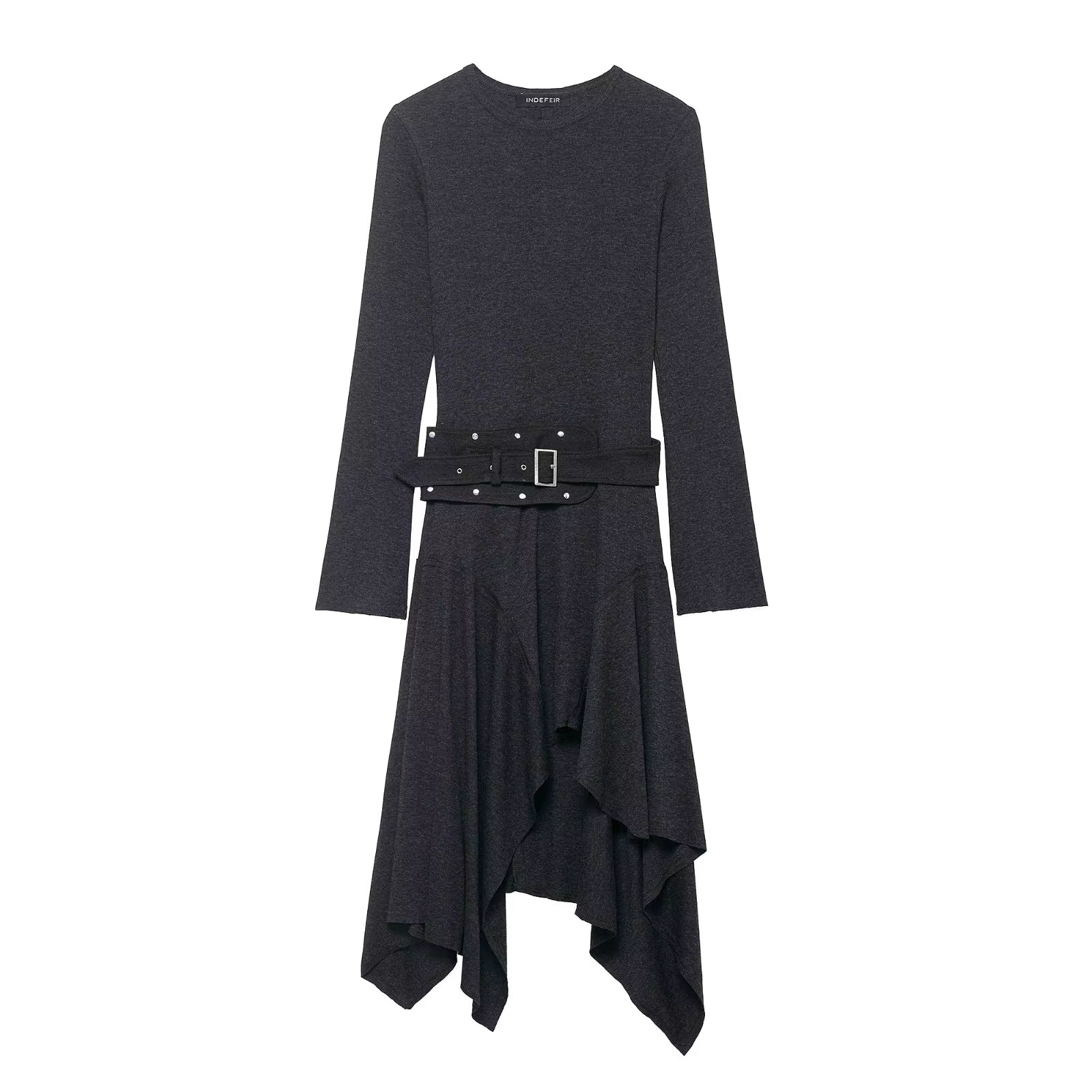 HH femmes col rond manches longues robes plissées été femme élégante solide asymétrie avec ceinture