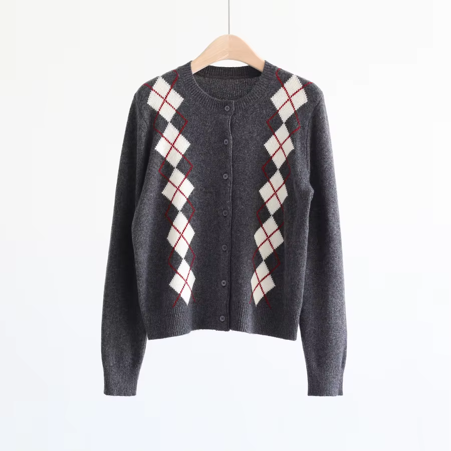 Pull en tricot épais à manches longues et col rond pour femme, manteau à motif de diamant, Cardigan