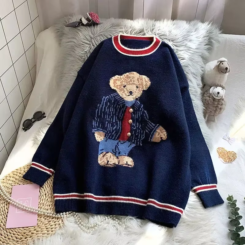 Pull tricoté Vintage avec broderie d'ours de dessin animé pour femme, pull ample Harajuku, coréen, c