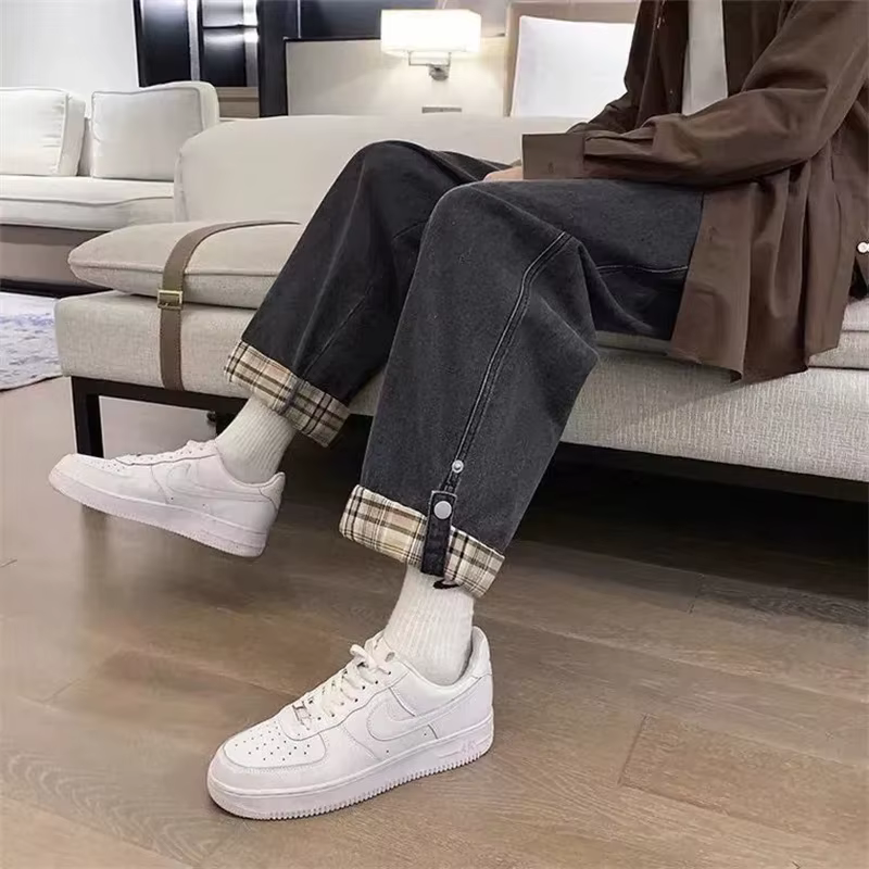 Jean à carreaux rabattable pour vêtements de rue printemps été 2025, nouveau pantalon ample à jambes