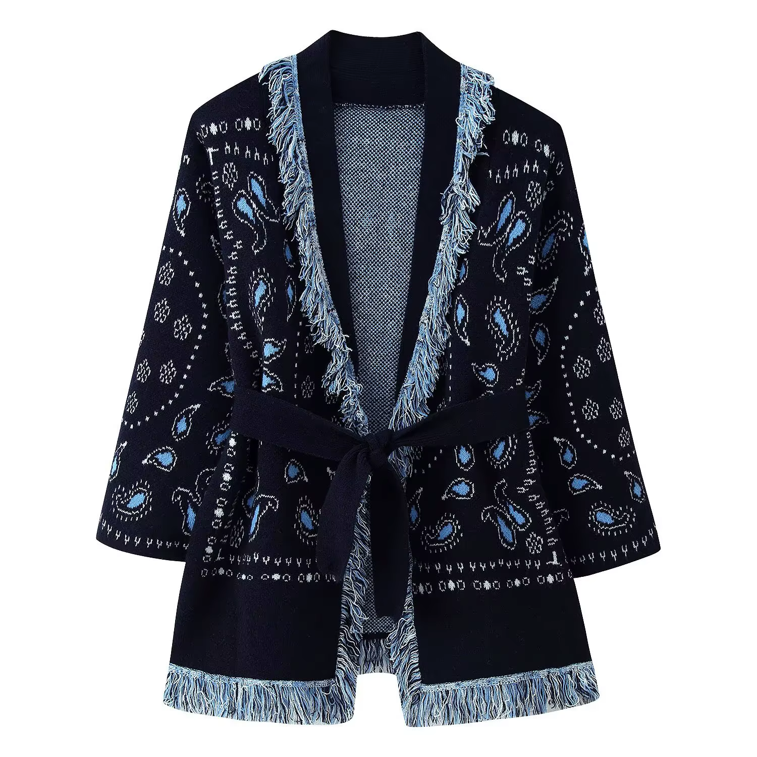 Cardigan ouvert en tricot à franges avec ceinture, châle d'épaule, style rétro, manches longues, col