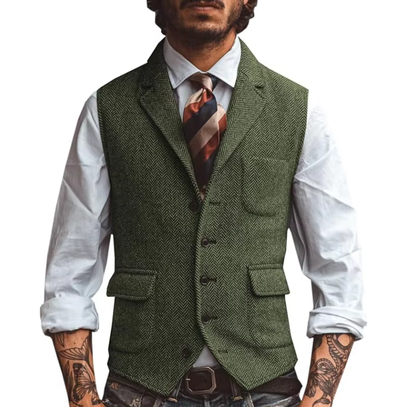 Gilet Rétro en Tweed pour Homme, Col Revers à Chevrons, Décontracté et Habillé, Idéal pour Mariage e