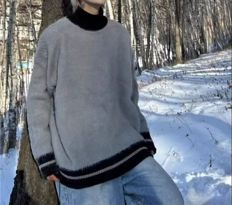 Pull rayé épissé à col roulé pour femme, ample, tricoté poilu, haut de gamme, manches longues, hiver