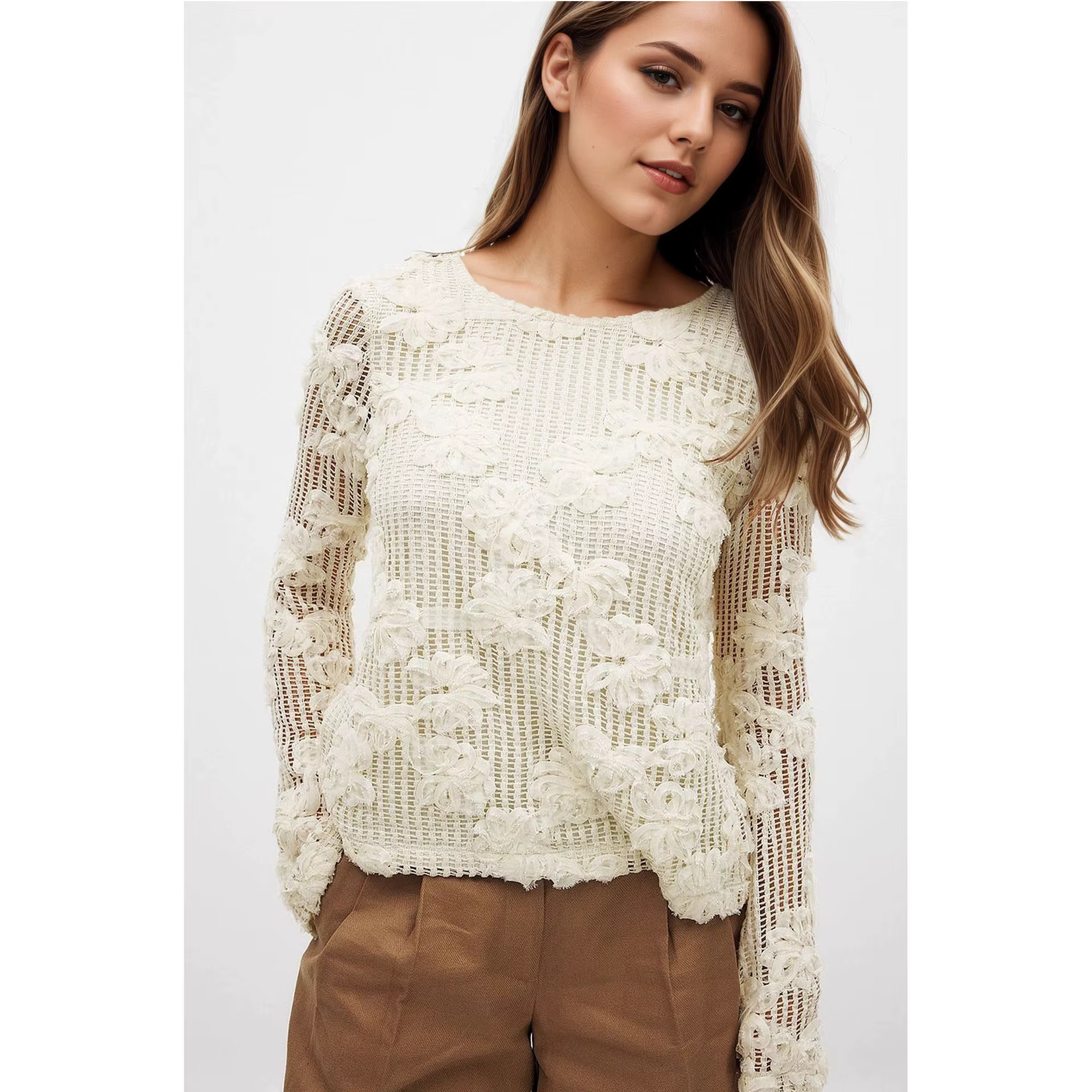 Pull tricoté à fleurs à crochet creux pour femmes, nouveau haut à manches longues, automne 2025