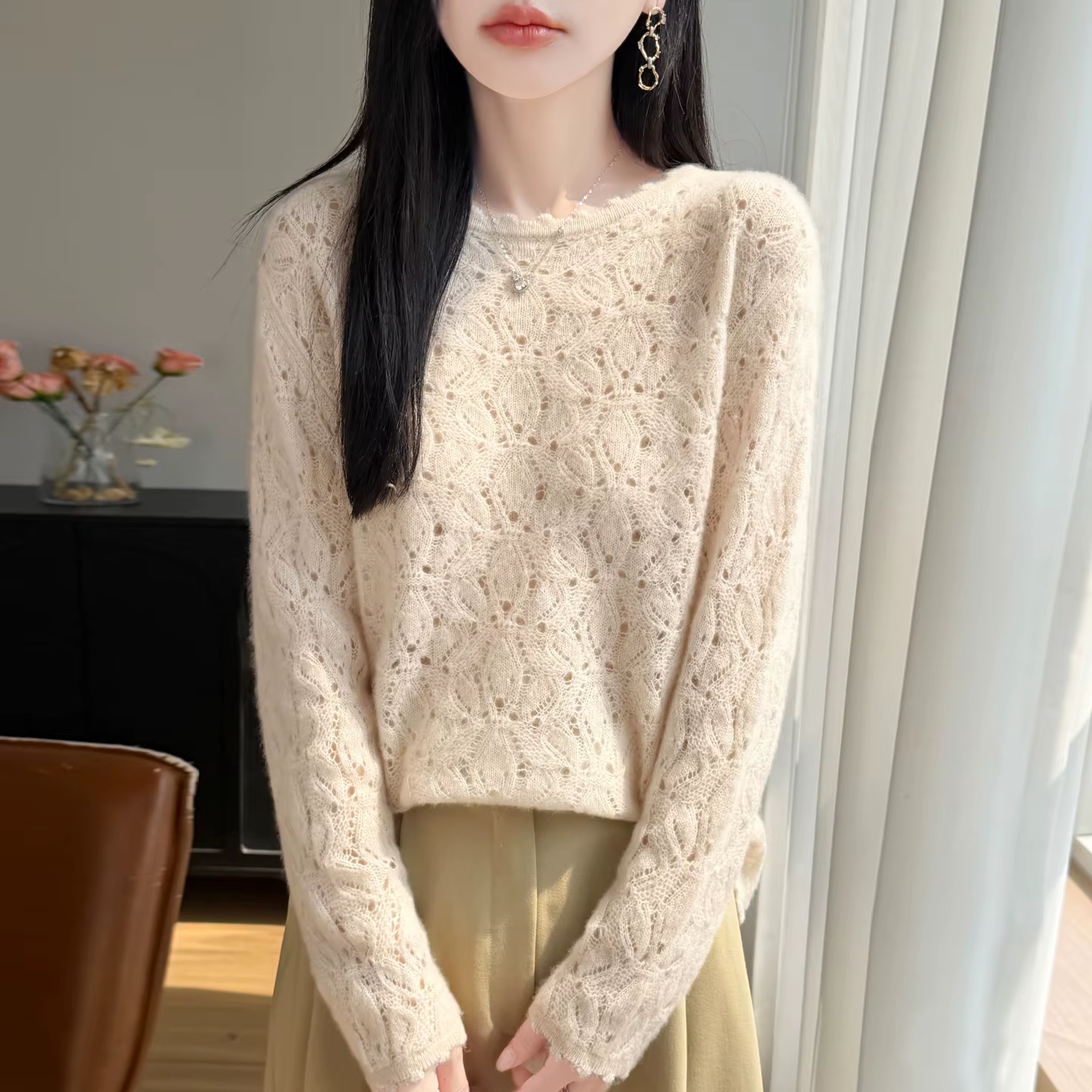 Pull en laine mérinos 100% pour femmes, col rond, ajouré, nouvelle mode, pull en cachemire, hauts tr
