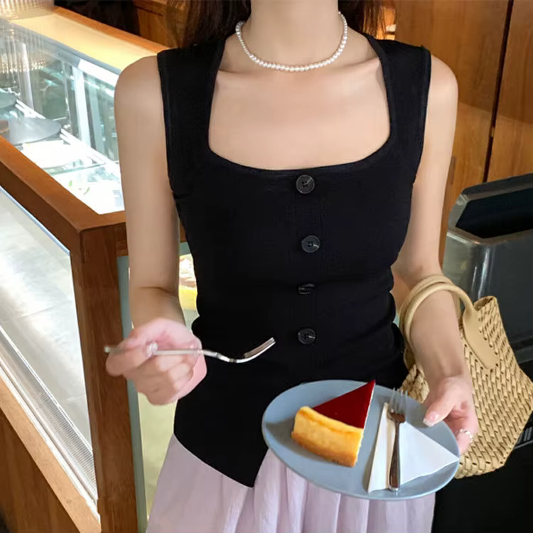 Gilet tricoté Sexy à col carré pour femmes, haut fendu sans manches, Slim, à la mode, décontracté, é
