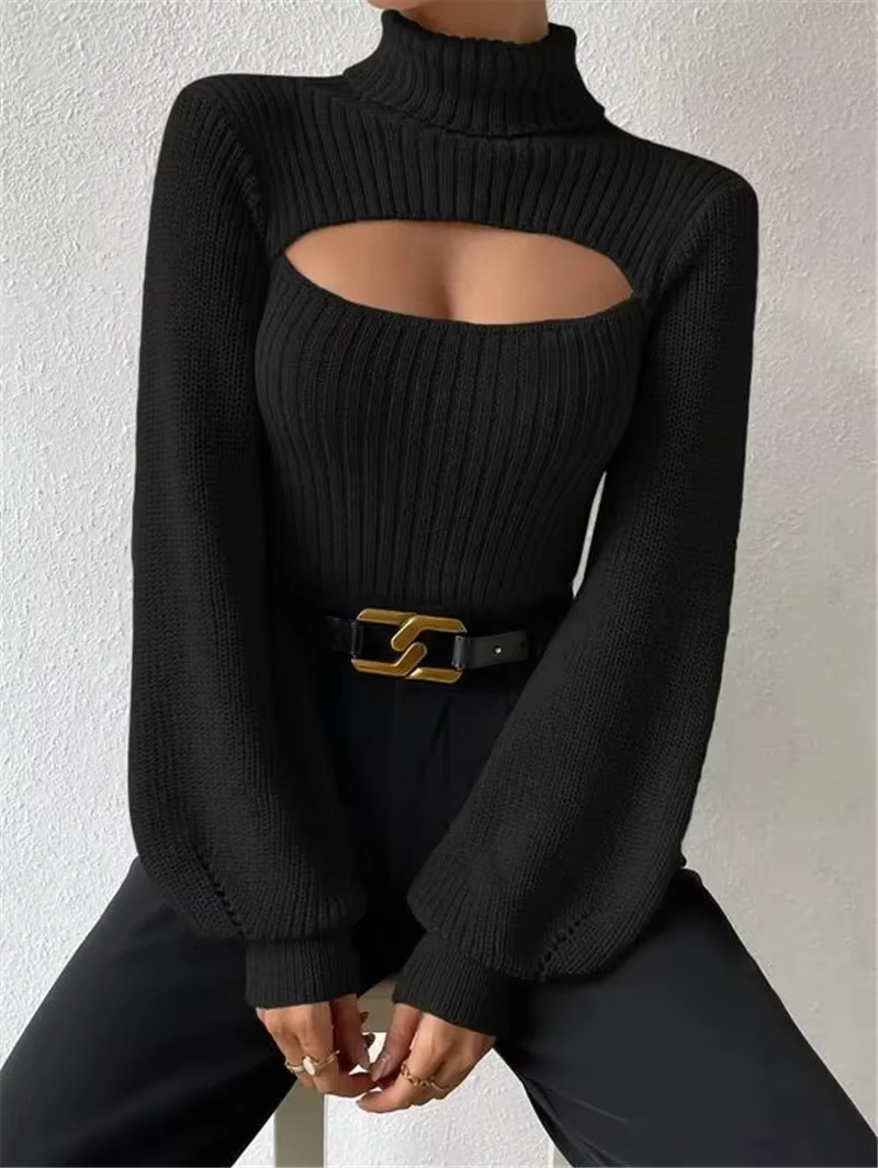 Pull en maille chic à col montant pour femme 2026 – Pull élégant à manches longues lanternes ajourée