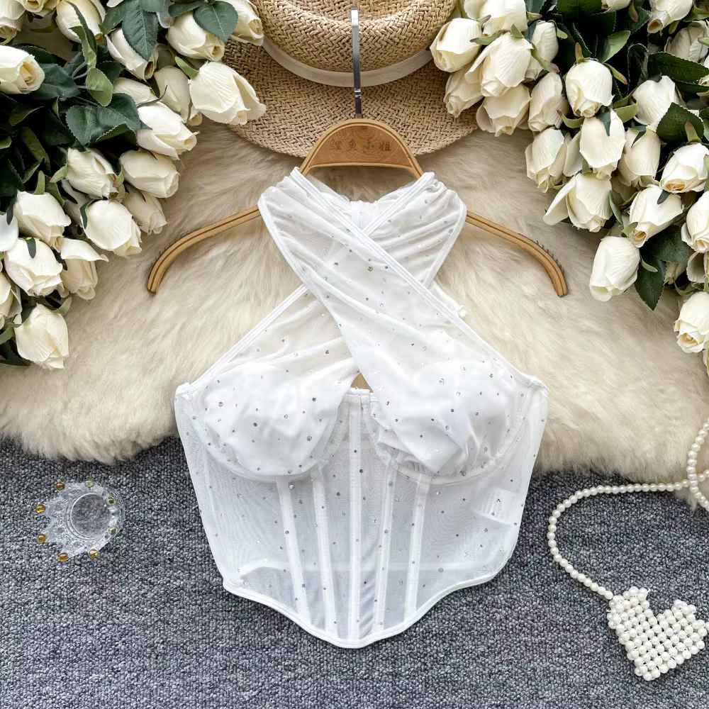Camisole en maille transparente et cristal, coupe cintrée, col licou, haut court, sans manches, Cors