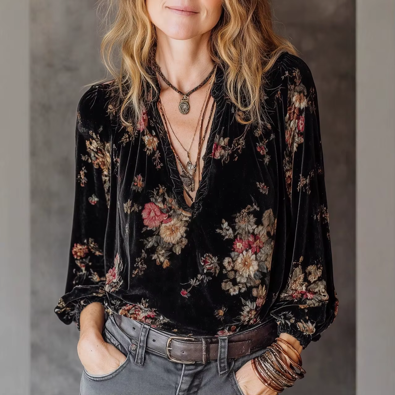 Automne hiver velours imprimé rétro pull haut femmes ethnique Sexy col en v noir à manches longues v