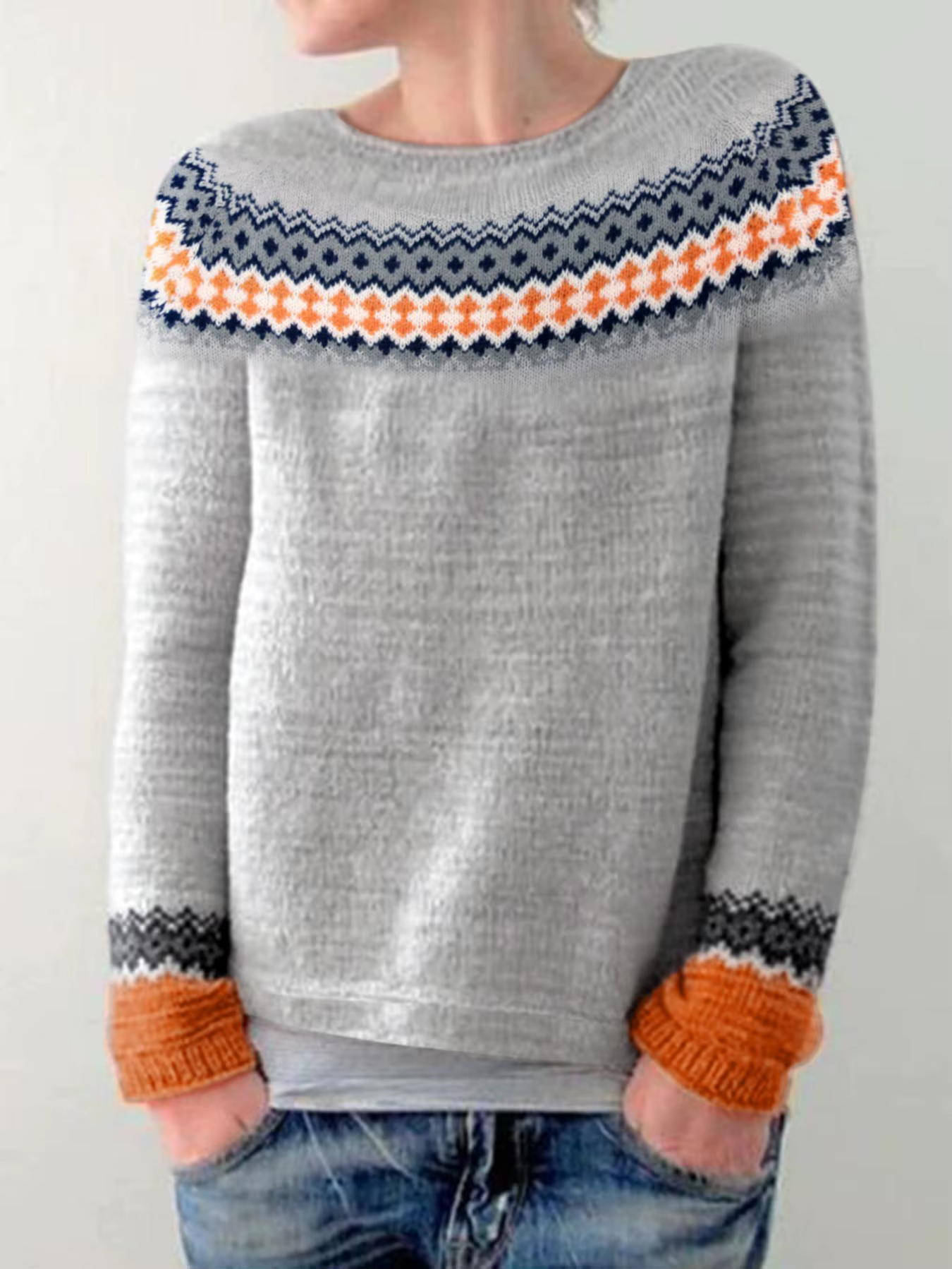 Pull en tricot gris à motif nordique pour femme, col rond, décontracté, manches longues, pull à bloc