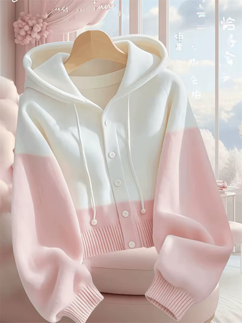 Cardigan tricoté à capuche épissé rose et blanc pour femme, pull à simple boutonnage, nouvelle colle