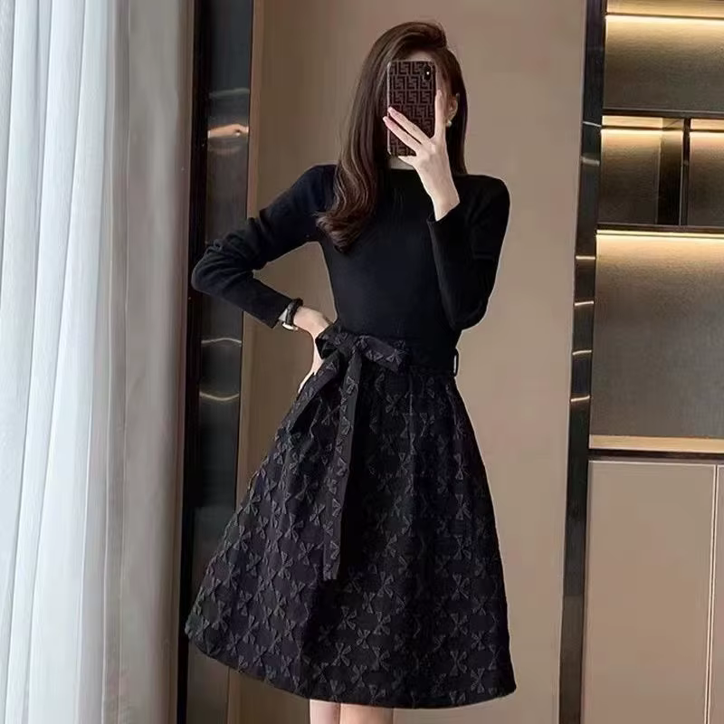 Robes noires à manches longues pour femmes avec nœud d'anniversaire, vêtements vintage pour femmes,