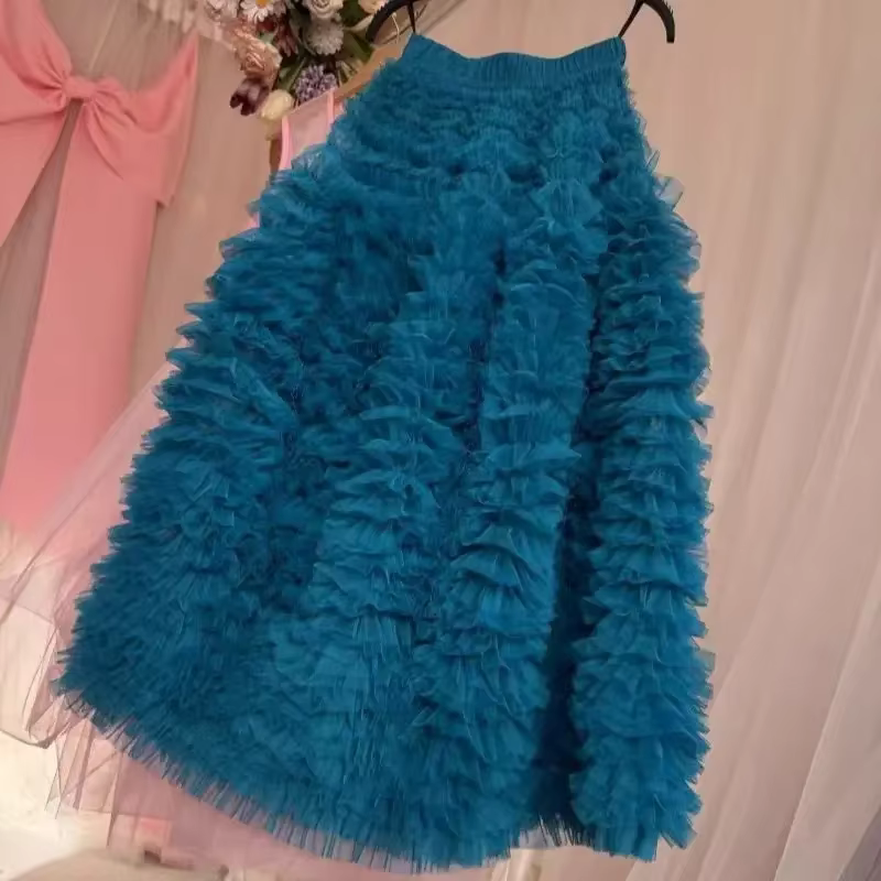 Nouvelle mode douce maille Jupe femmes printemps été rétro taille élastique volants jupes longues Cl