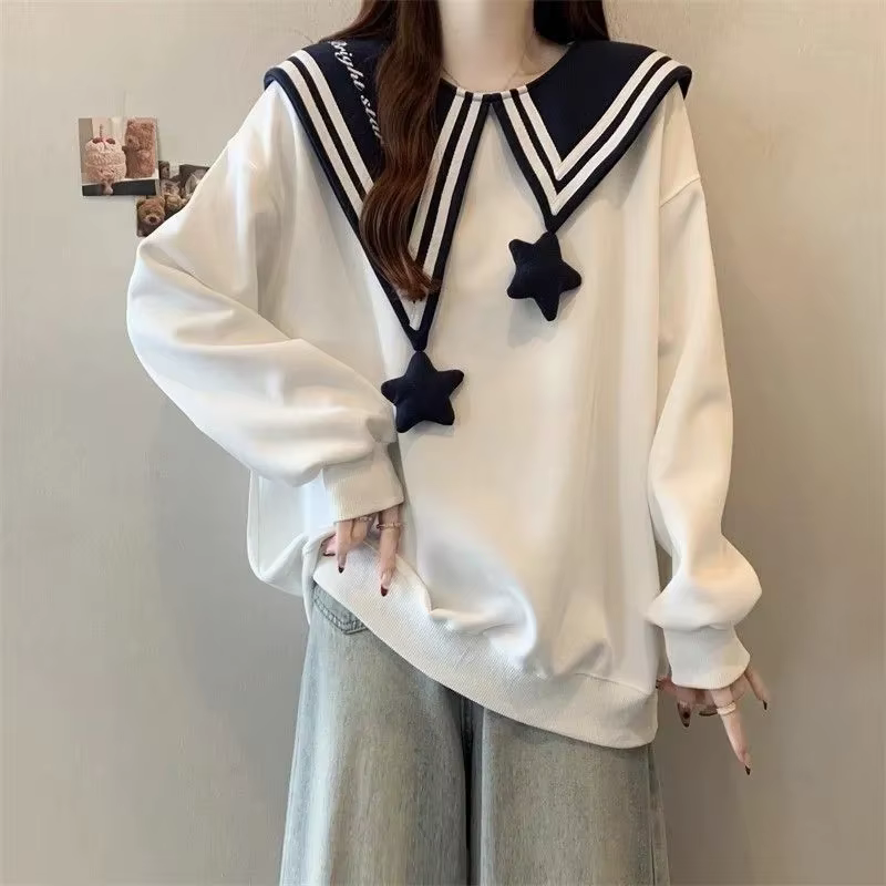 Sweat-shirt Y2K pour femme, col marin, coupe oversize, épaules tombantes, blanc, manches longues, av