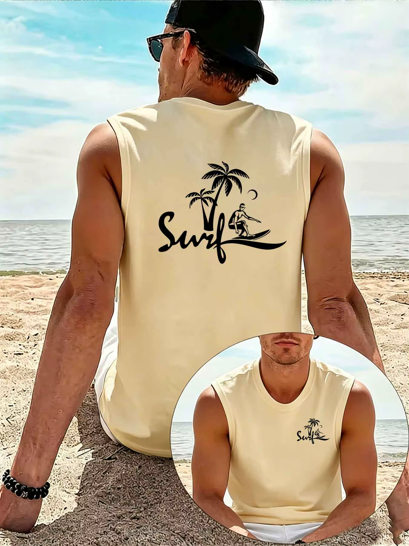 Gilet à motif surf, T-shirt sans manches à col rond, gilet respirant pour l'exercice sur la plage, g
