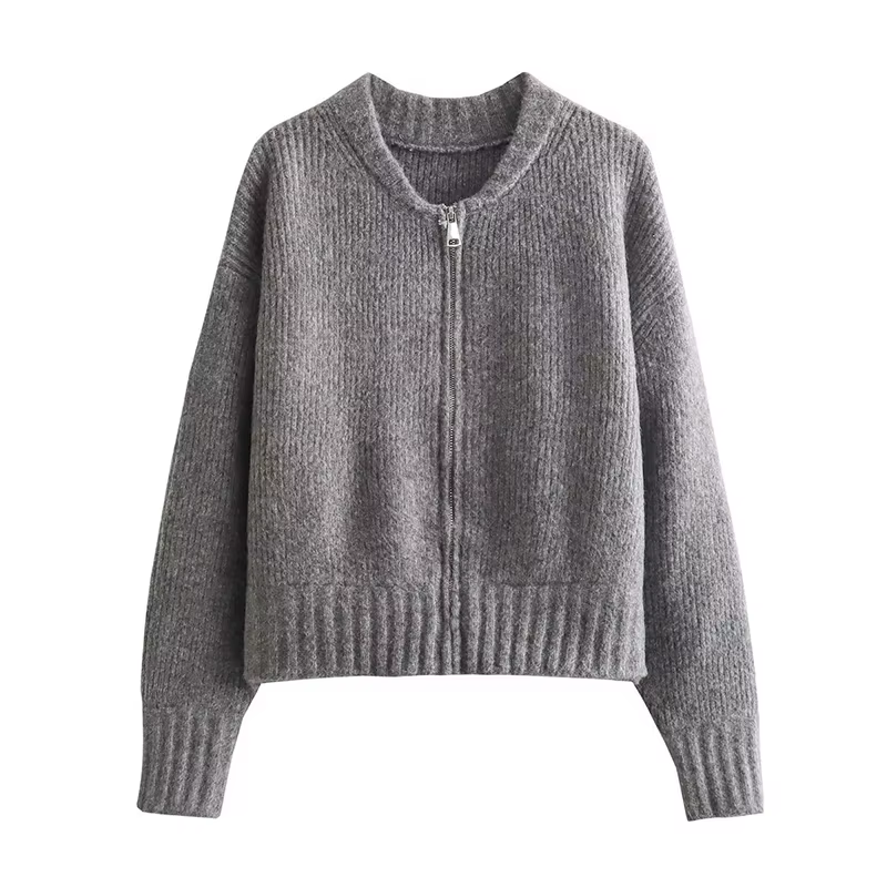 Pull tricoté solide pour femmes, col rond, manches longues, fermeture éclair, haut court, élégant, q