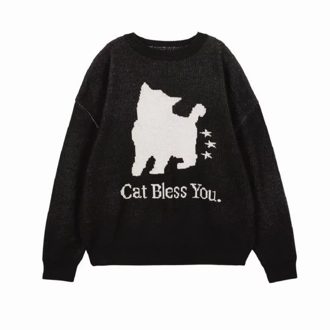 Pull tricoté chat noir pour femmes, série de vêtements chauds et confortables à la mode pour cette s