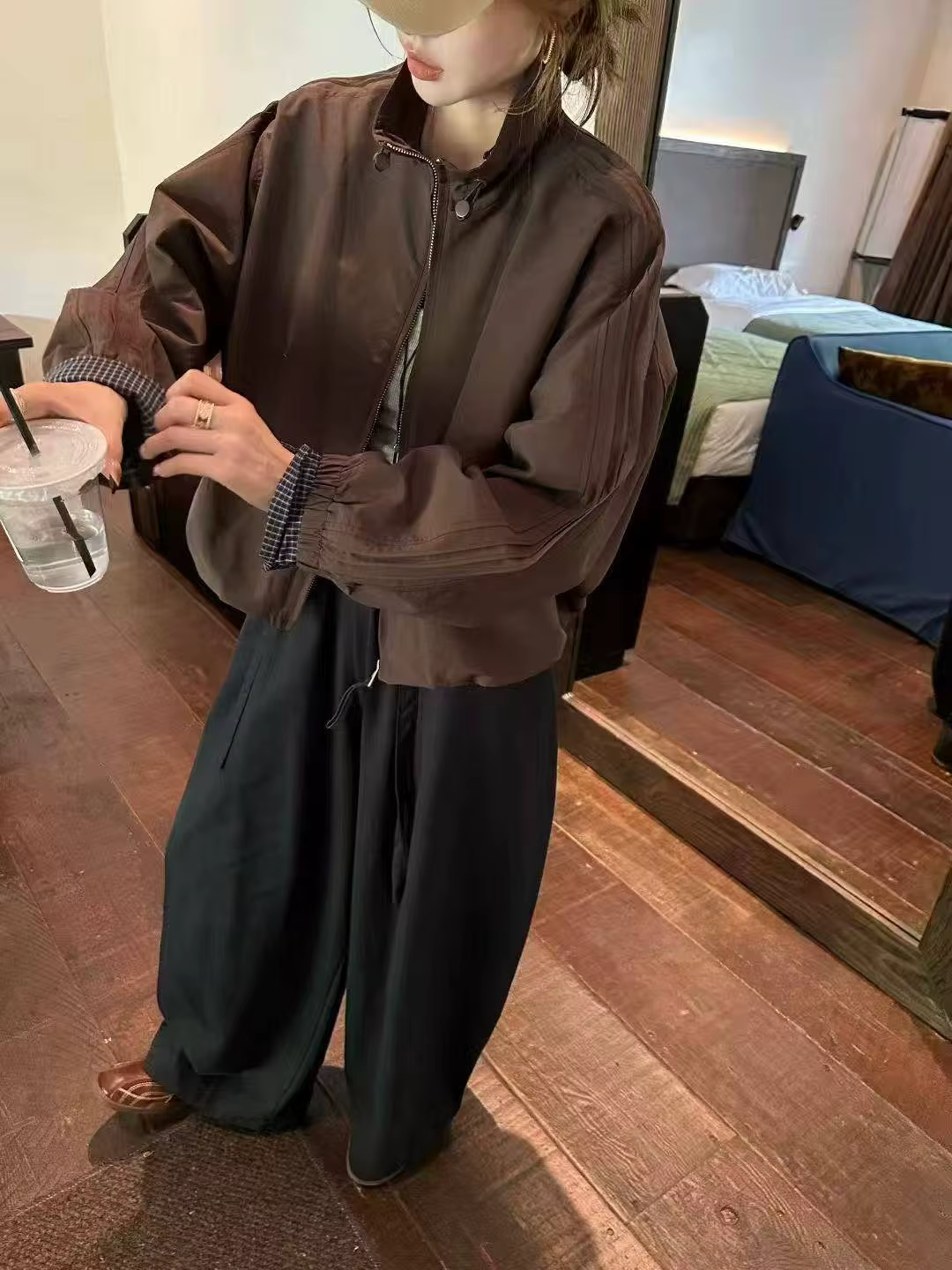 Veste d'épissure à carreaux à col montant, décontractée, courte, européenne, nouvelle veste ample à