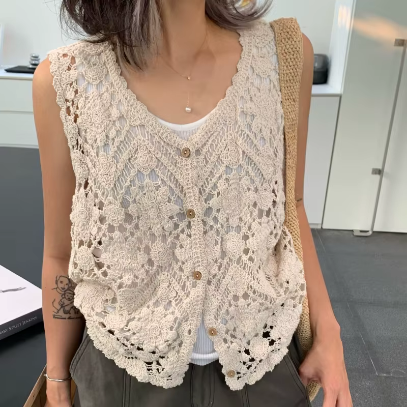 Gilet en crochet floral brodé pour femme, cardigan sans manches ajouré en maille ouverte, tenue bohè