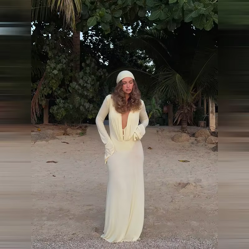Robe longue sexy en maille transparente à manches longues pour femme, col en V profond, robe de soir