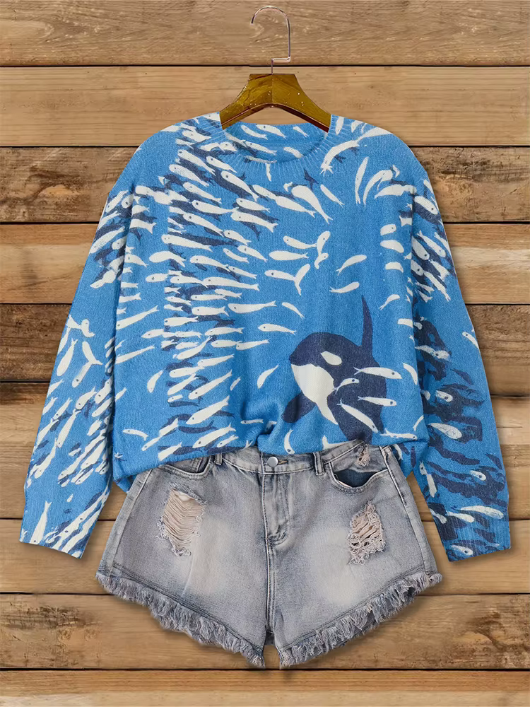 Pull confortable et décontracté pour femme, grande taille, avec motif baleine, épaules tombantes, tr