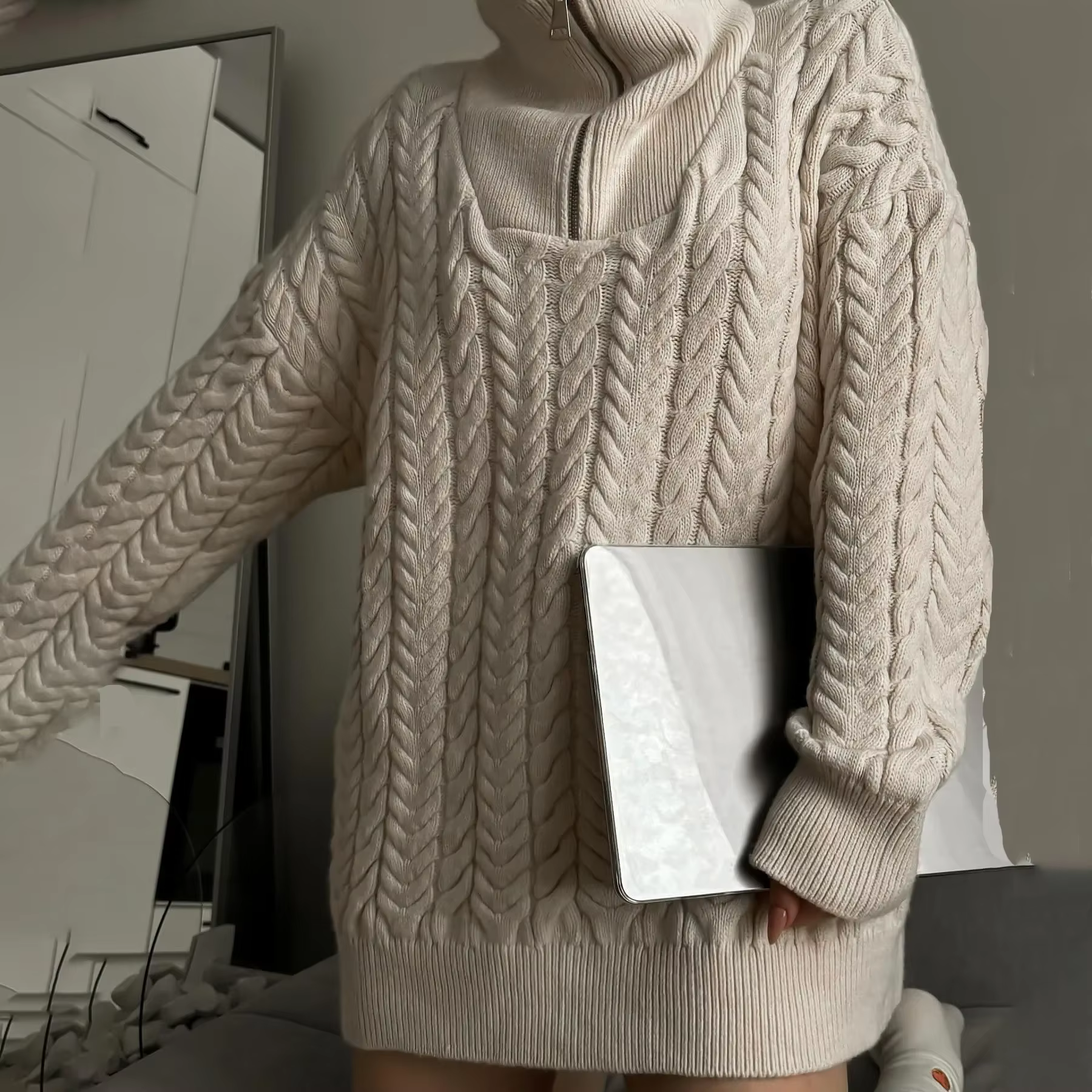 Warm Zipper High Collar Fried Dough Twists Sweater Loose Casual Pullover Knitted Long Sleeve Top Ver
