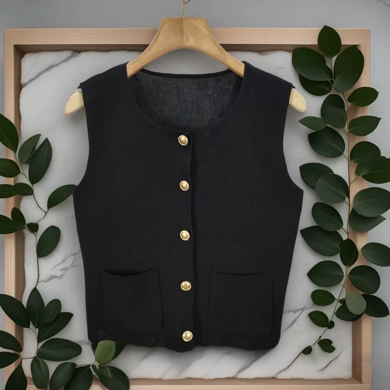 Gilet tricoté décontracté sans manches pour femmes, col rond français, simple boutonnage, Double poc