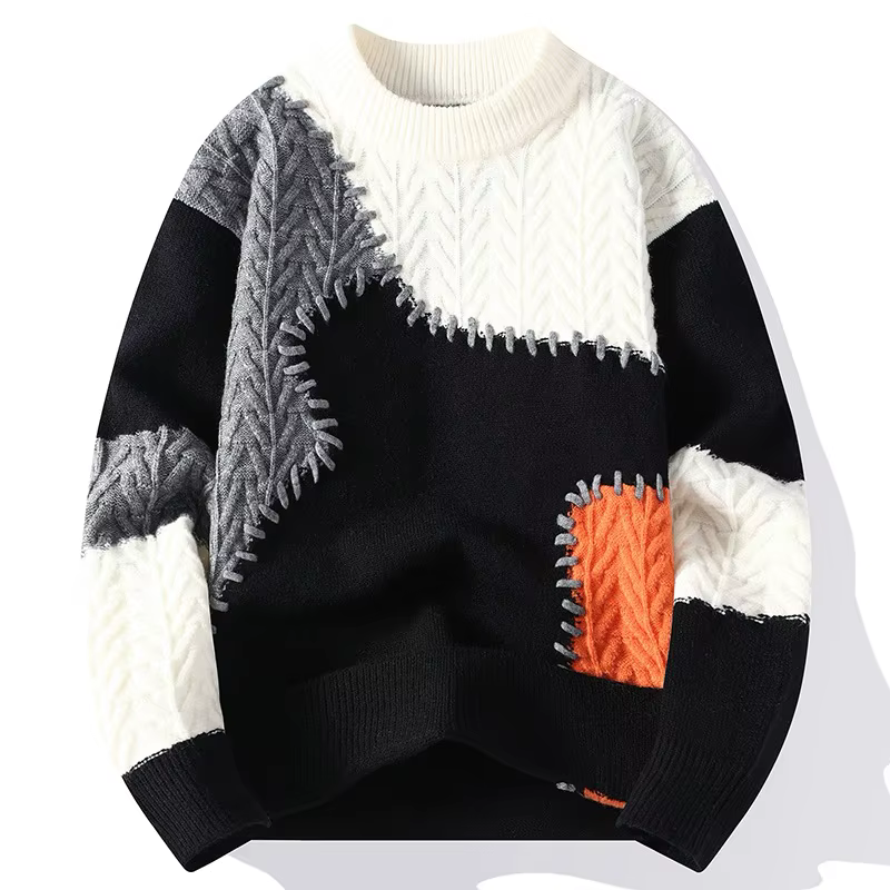 Pull en tricot patchwork décontracté pour hommes, pulls optiques chauds, streetwear à col rond, mode