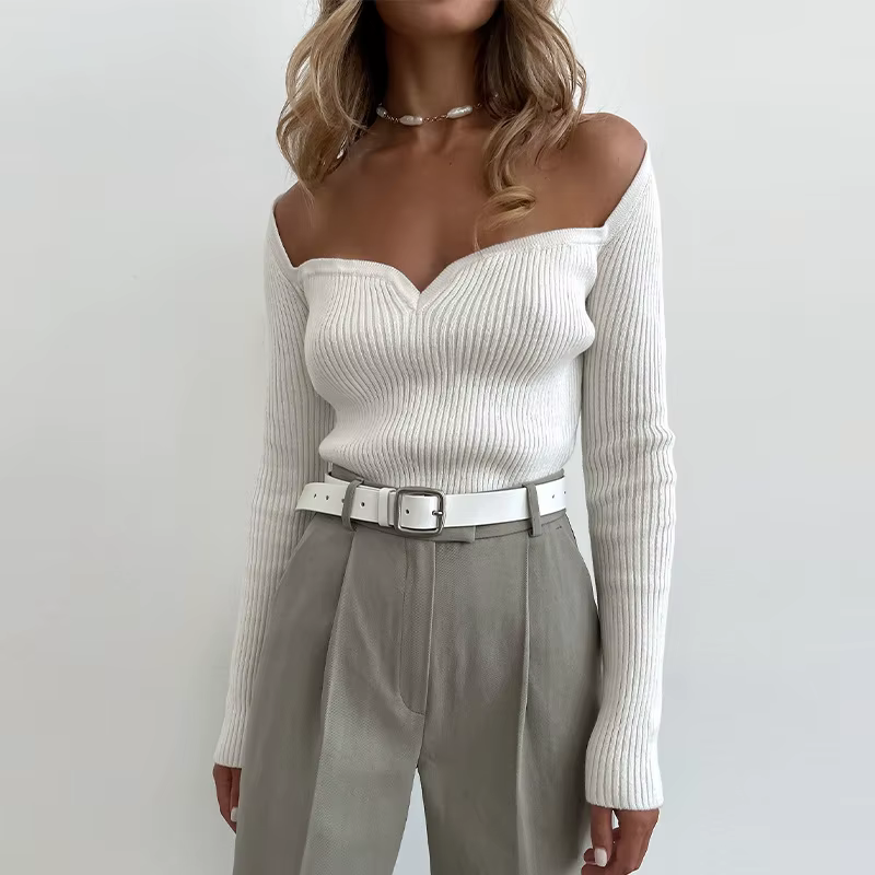Pull tricoté moulant à manches longues et col carré pour femme, chemise et haut à bascule de couleur