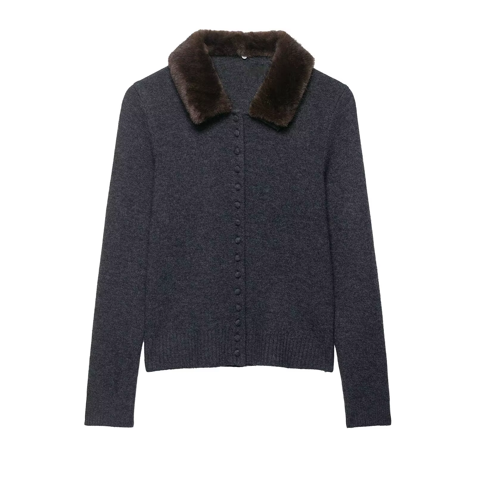 Cardigan tricoté gris pour femme, pull en fausse fourrure, col à revers, manches longues, tricot, Vi