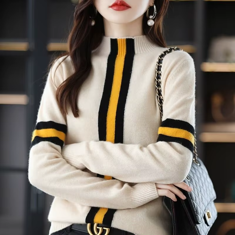 Pull femme noir rayé col Gigh maillots Beig col roulé pull hauts en tricot pour femme Y2k Vintage Cr